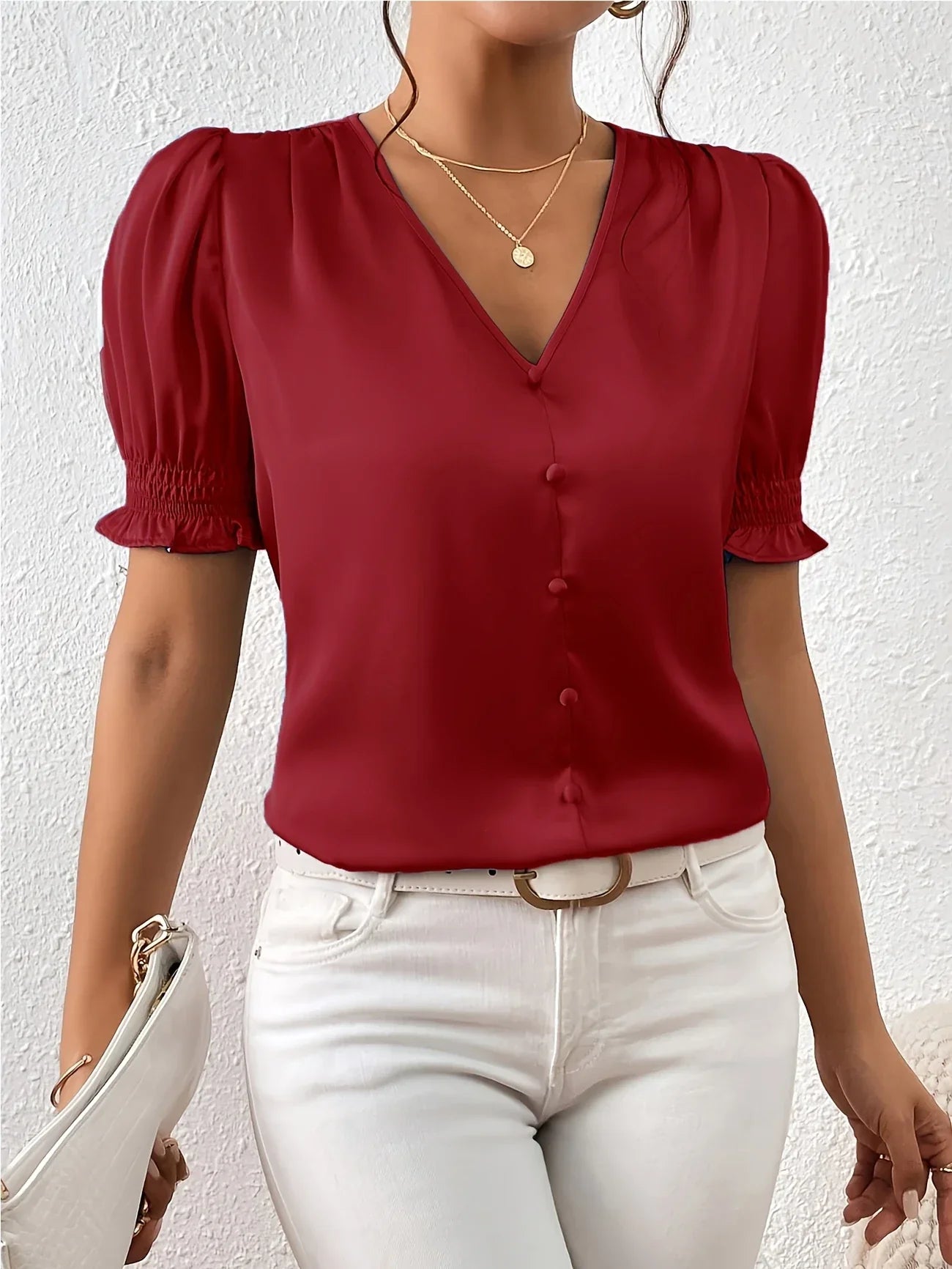 Abella – Elegant Blouse with V-Neck and Puff Sleeves