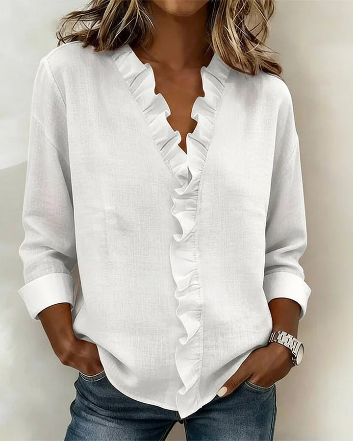 Aletta – Blouse with Ruffles, V-Neck, and Long Sleeves