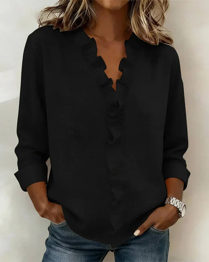 Aletta – Blouse with Ruffles, V-Neck, and Long Sleeves