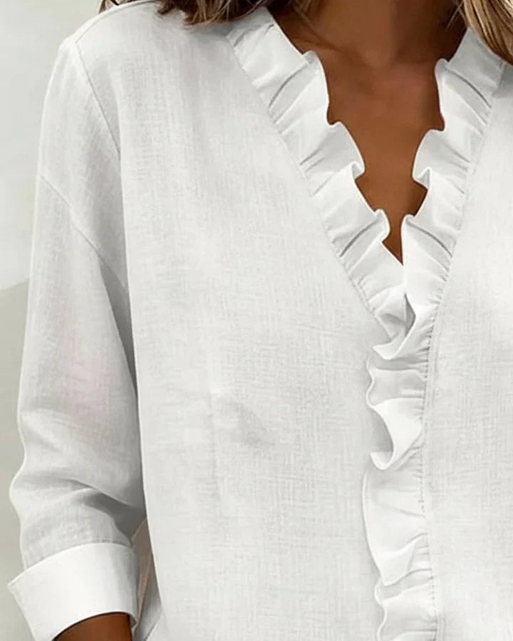 Aletta – Blouse with Ruffles, V-Neck, and Long Sleeves