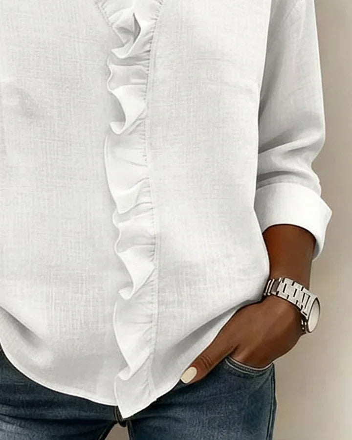 Aletta – Blouse with Ruffles, V-Neck, and Long Sleeves