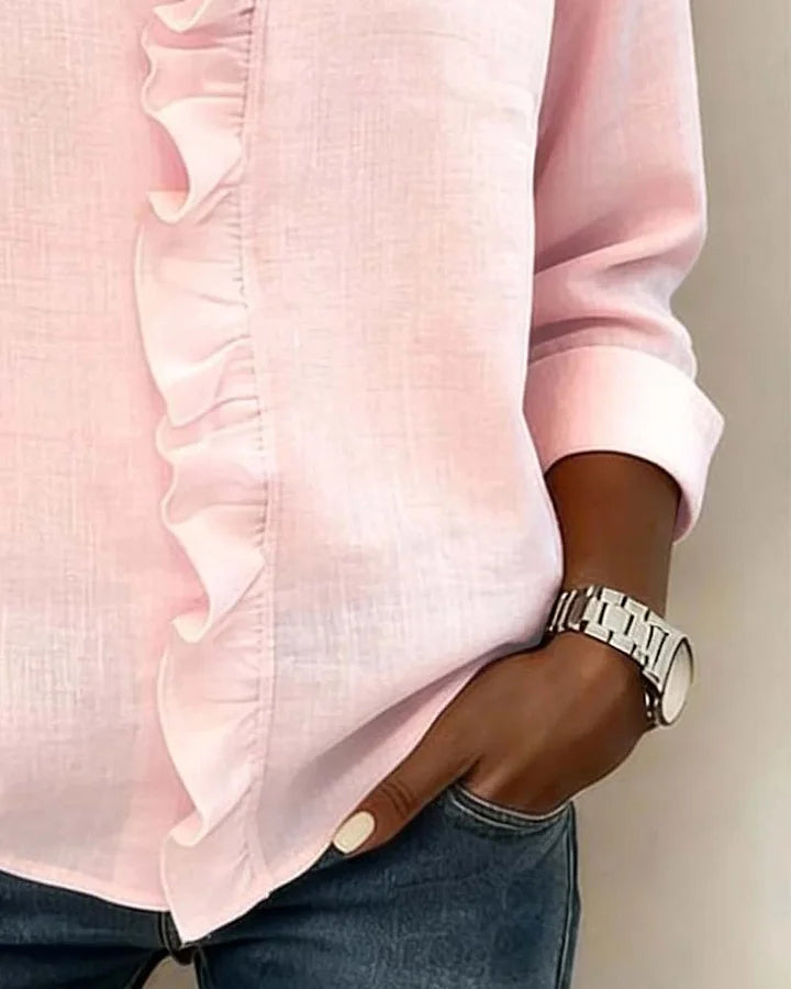 Aletta – Blouse with Ruffles, V-Neck, and Long Sleeves
