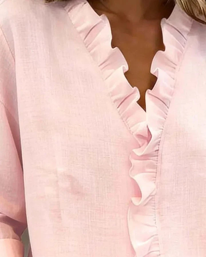 Aletta – Blouse with Ruffles, V-Neck, and Long Sleeves
