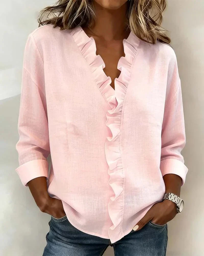 Aletta – Blouse with Ruffles, V-Neck, and Long Sleeves