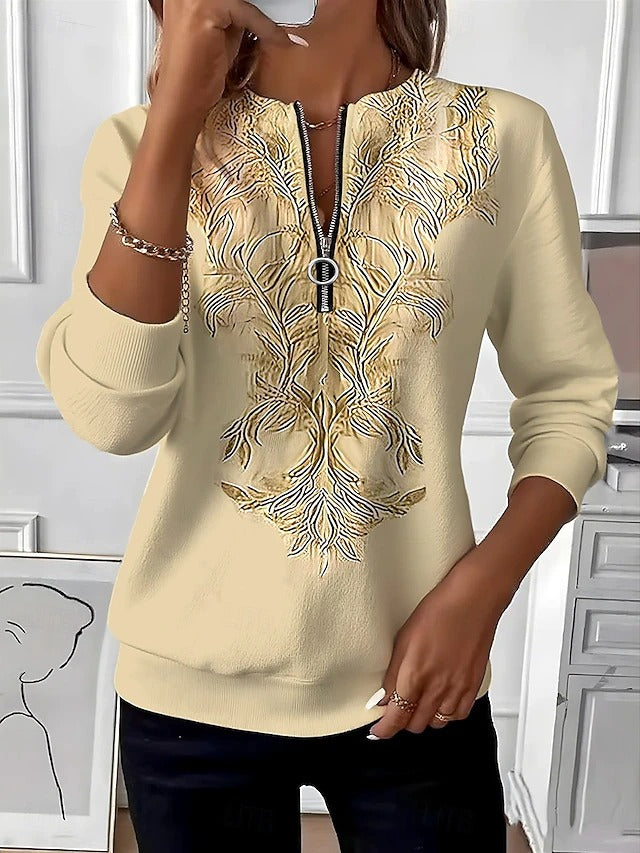 Alvilda – Elegant Sweater with Half Zipper and Embroidery