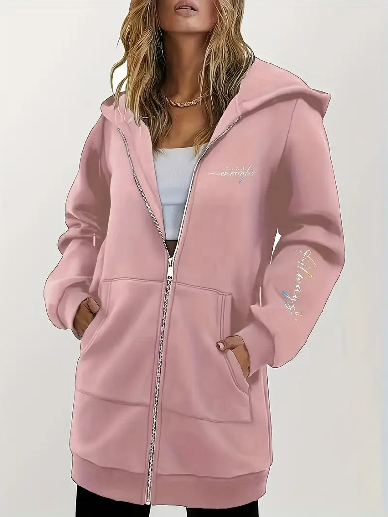 Angeleen – Hooded Jacket with Zipper and Geometric Print