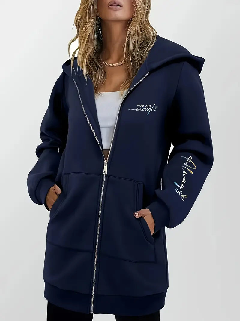 Angeleen – Hooded Jacket with Zipper and Geometric Print
