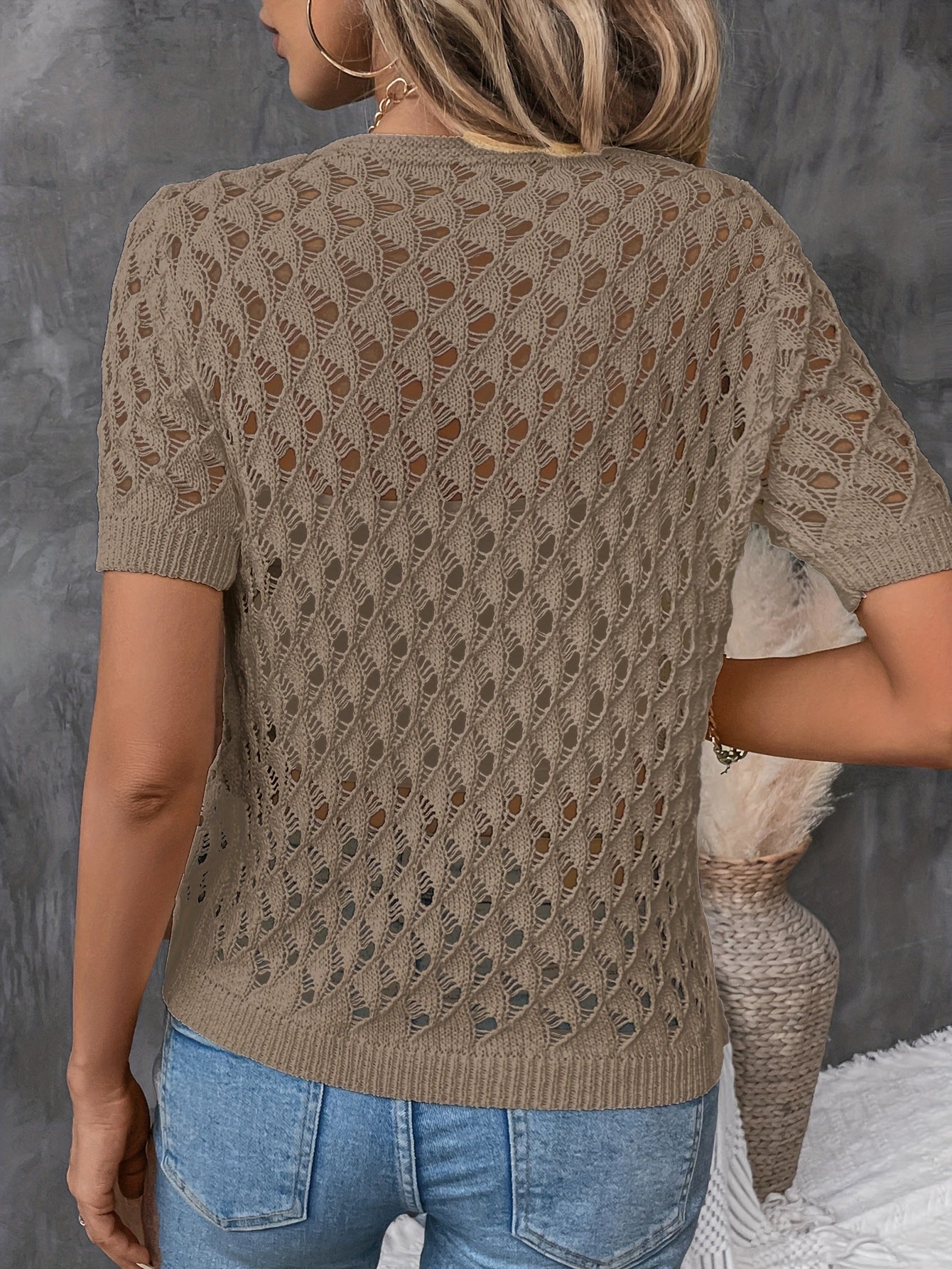 Angelique - Elegant V-Neck Short Sleeve Lace Sweater