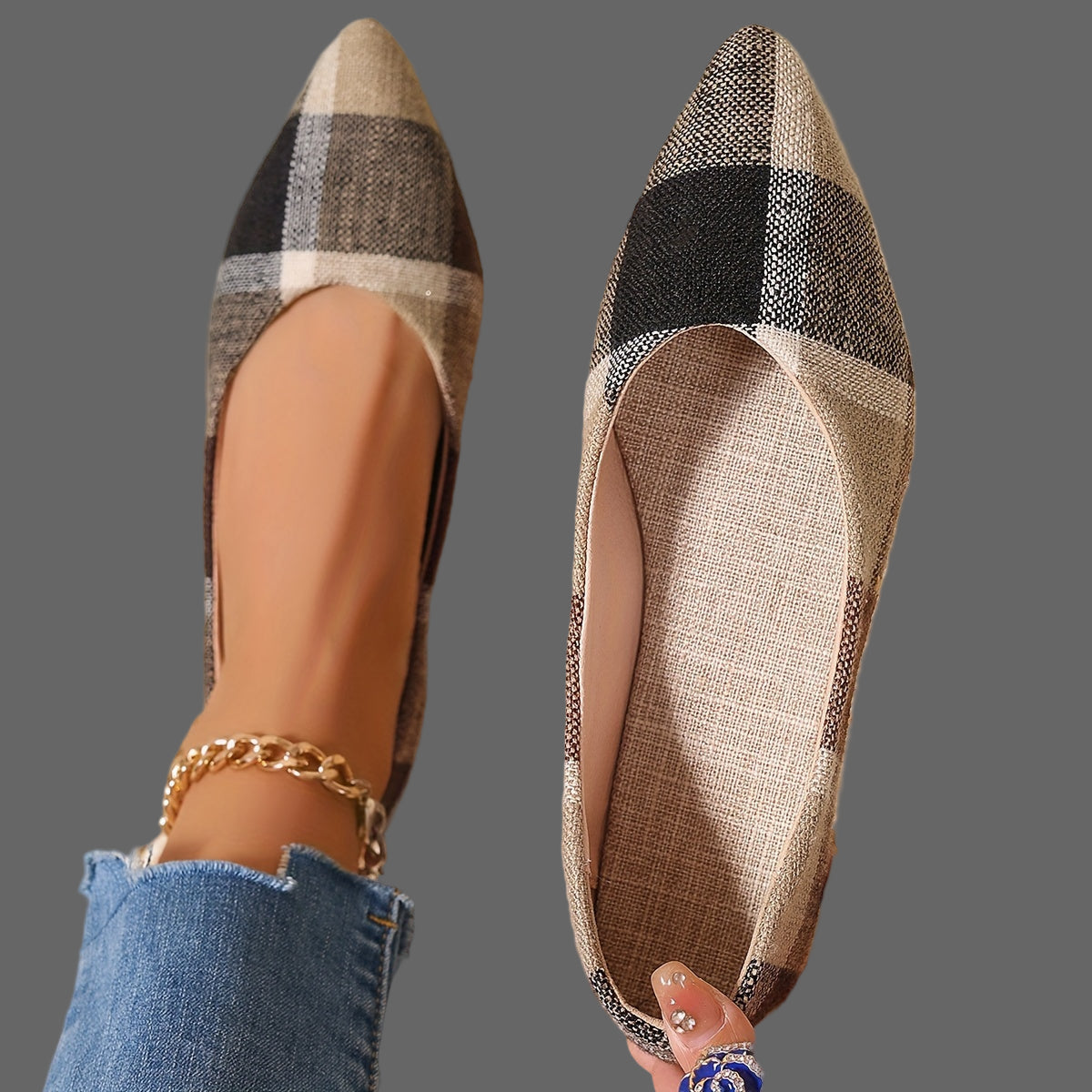 Atiya – Checkered Ballerinas with Pointed Toe