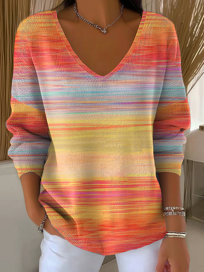 Avalina – Striped Sweater with V-Neck and Gradient