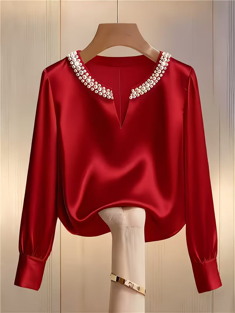 Avinaya - Elegant Long Sleeve Shirt with Round Neck and Pearl Decoration