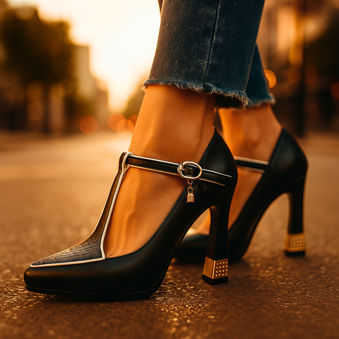Avitia – Pumps with T-Strap, High Heel, and Buckle