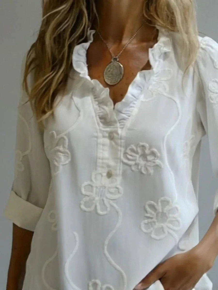 Beatrixa – Shirt with Ruffled Collar and Floral Pattern