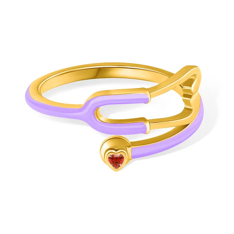 Caitleen – Bague stéthoscope avec pierre de naissance en forme de cœur
