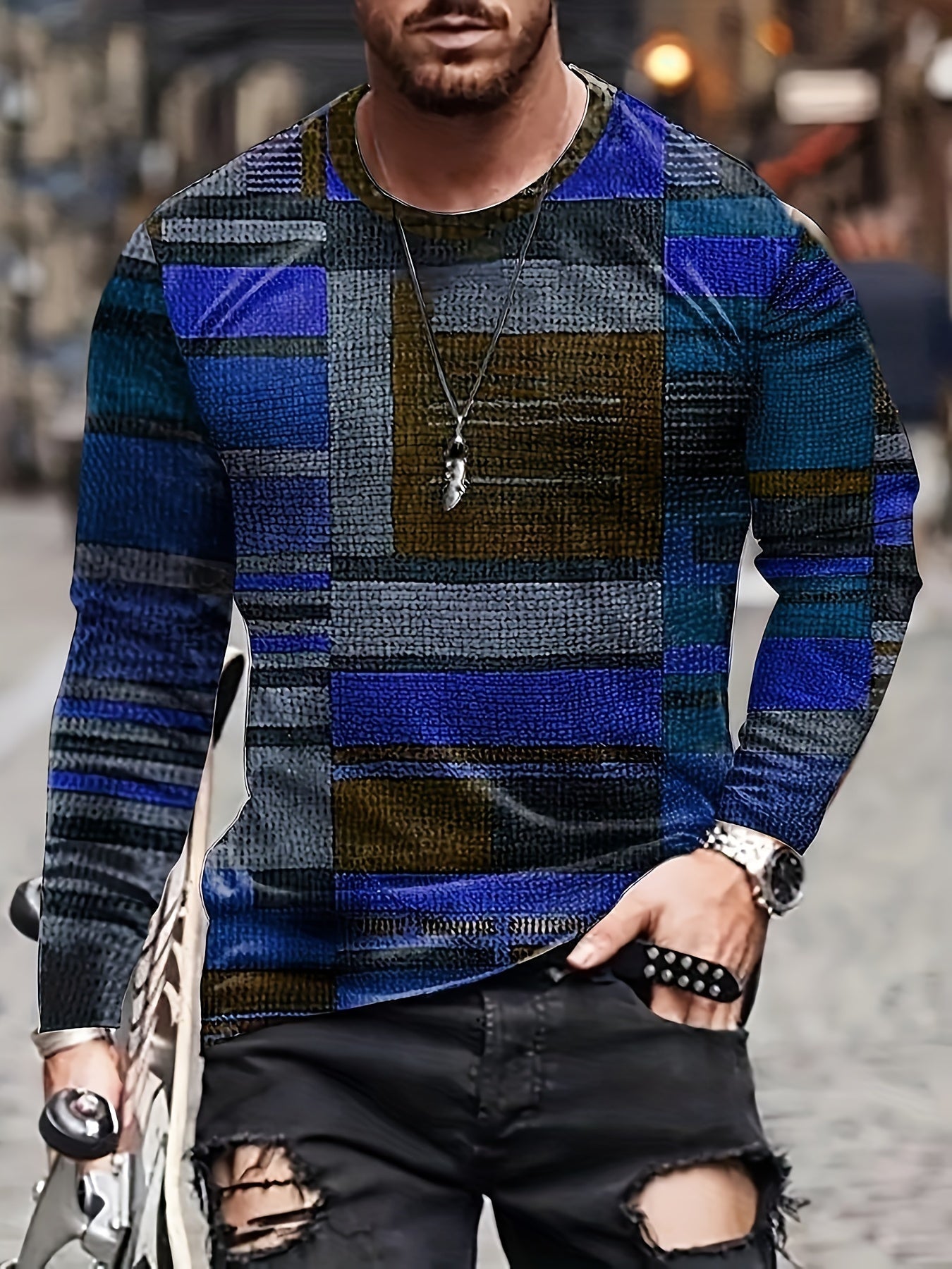 Calvin – Long Sleeve T-Shirt with Block Pattern