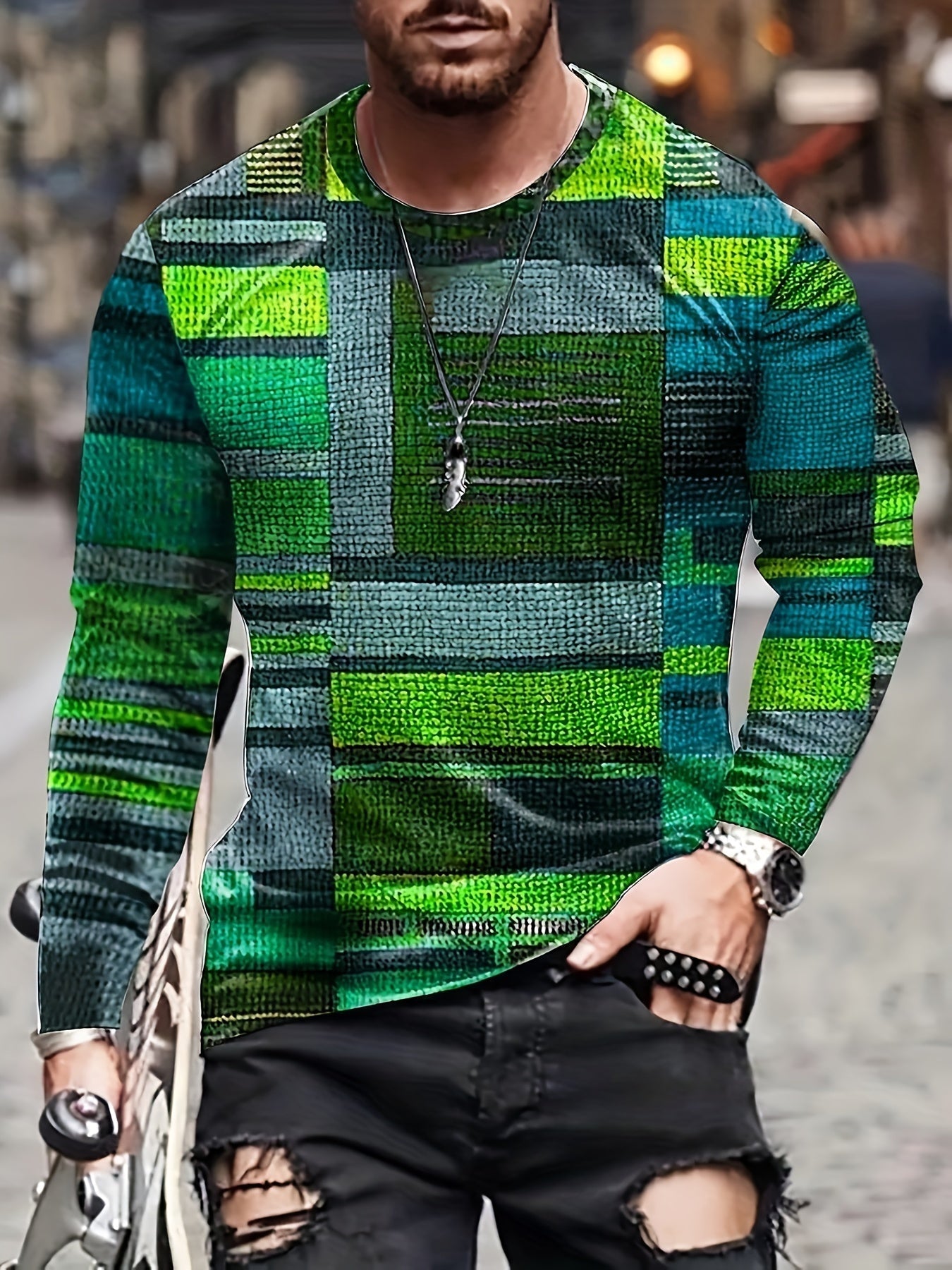 Calvin – Long Sleeve T-Shirt with Block Pattern