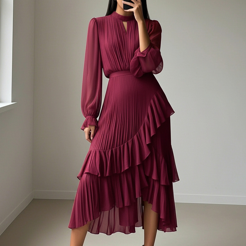 Daryna – Pleated Midi Dress with Keyhole Neckline