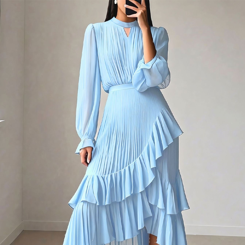 Daryna – Pleated Midi Dress with Keyhole Neckline