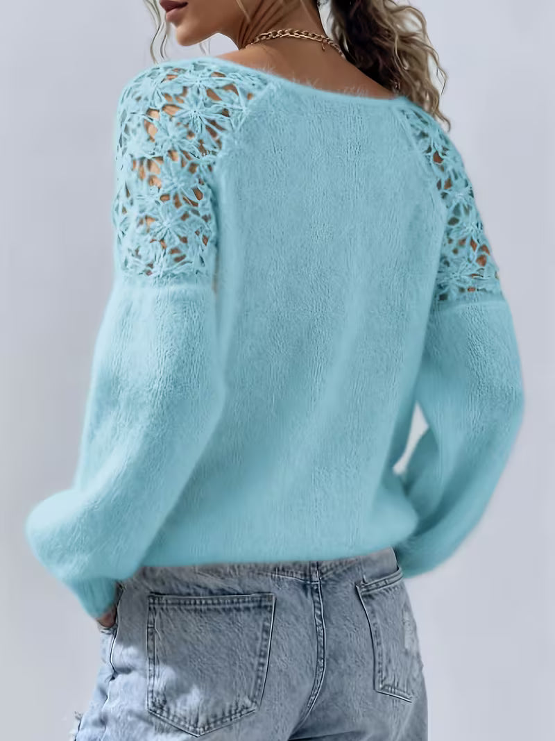 Dobrina – Hollow Lace Sweater with Off-Shoulder Neckline