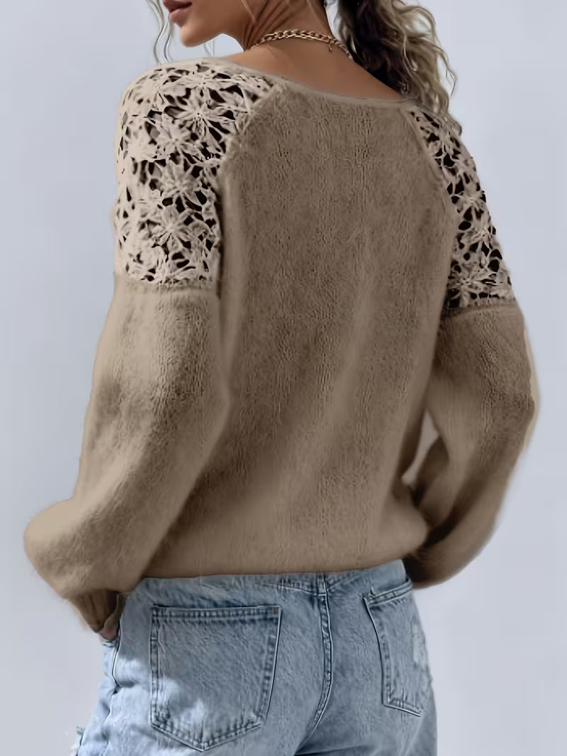 Dobrina – Hollow Lace Sweater with Off-Shoulder Neckline