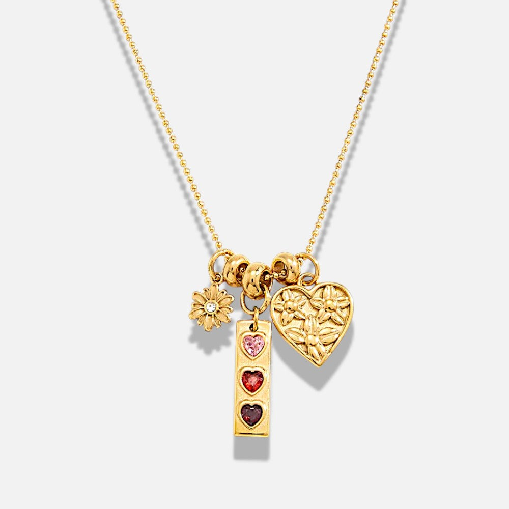 Amora Vintage Triple Heart Charm Necklace