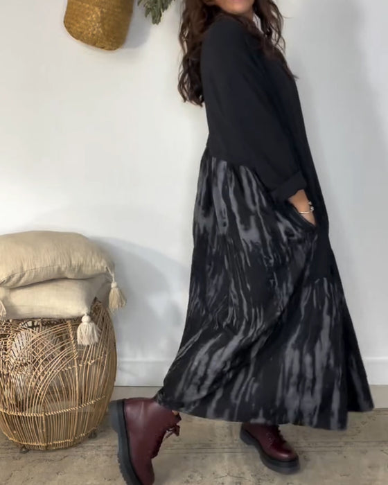 Dragica – Dress with Round Neckline and Irregular Patchwork Prints