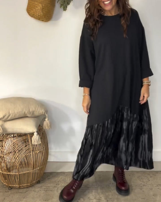 Dragica – Dress with Round Neckline and Irregular Patchwork Prints