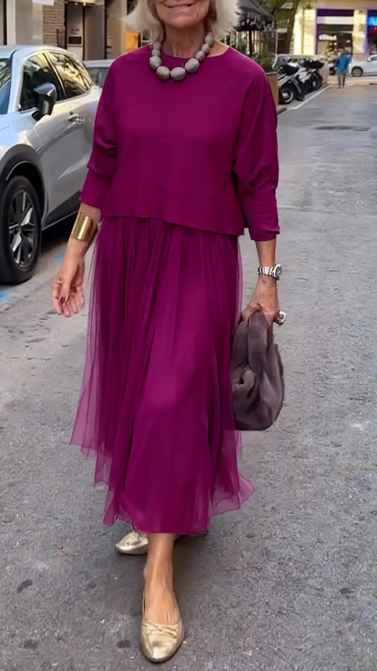 Efrata - Enchanting Satin Dress with Knit Sweater