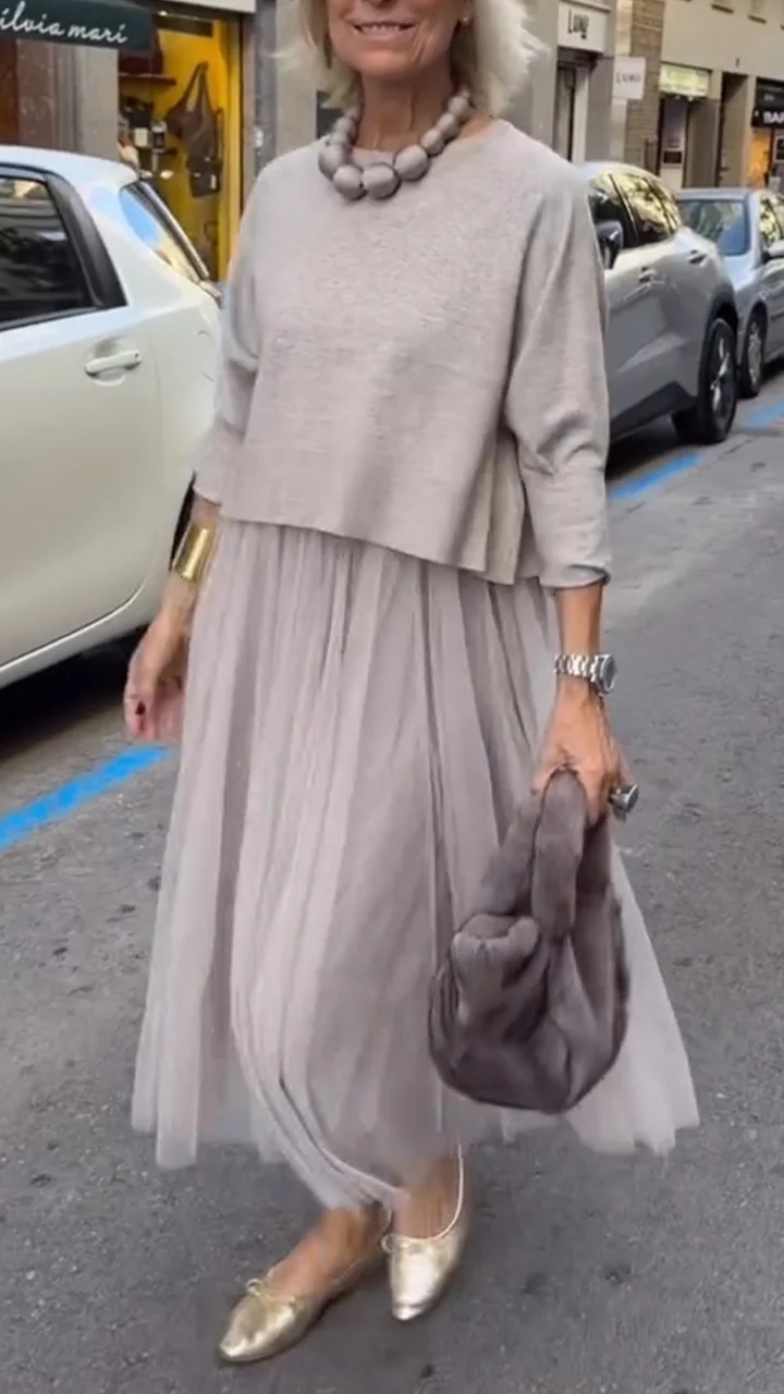 Efrata - Enchanting Satin Dress with Knit Sweater