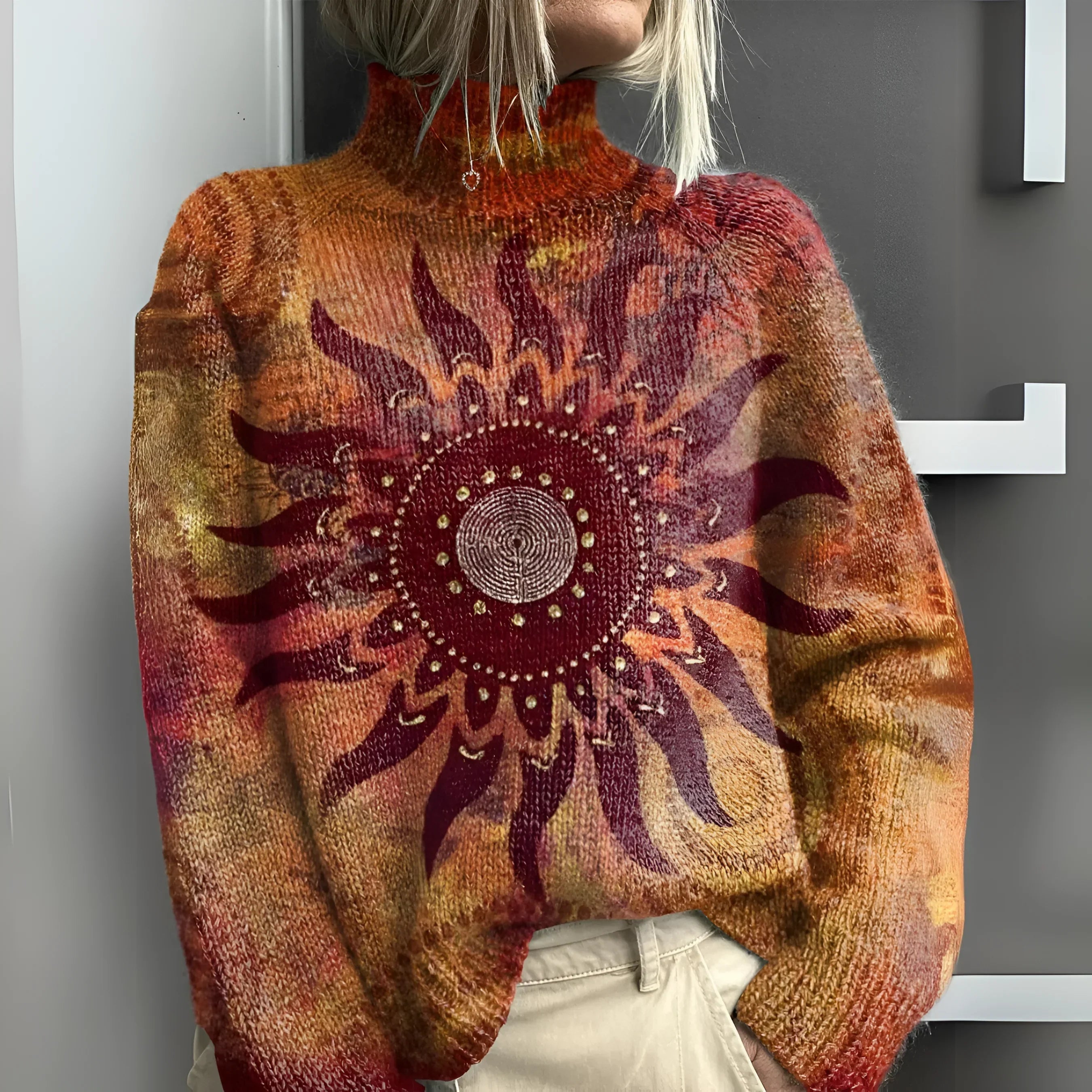 Elene - Warmer Knitted Turtleneck Sweater with Tribal Sun