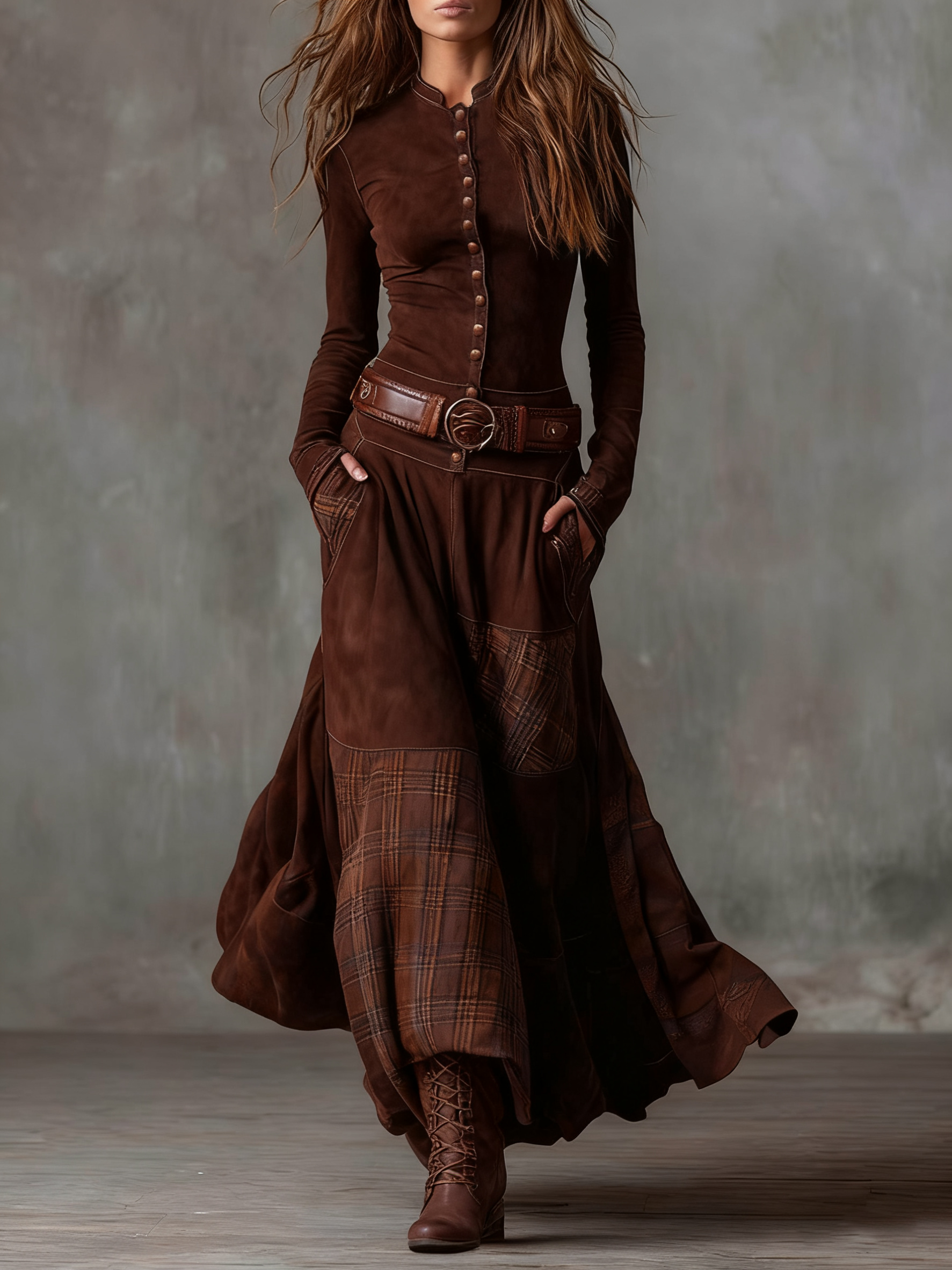 Eleza – Maxi Dress in Checked Suede with Belt