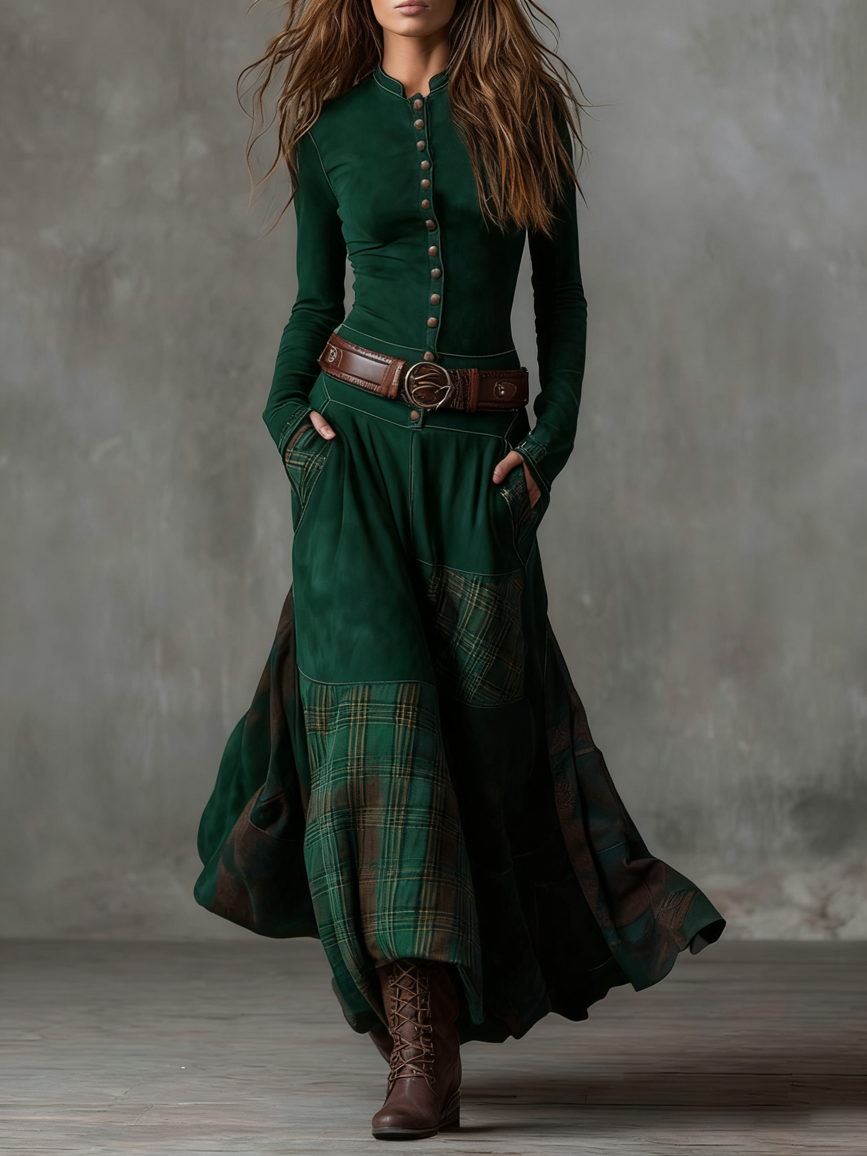Eleza – Maxi Dress in Checked Suede with Belt