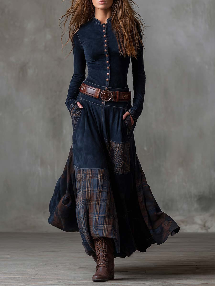 Eleza – Maxi Dress in Checked Suede with Belt