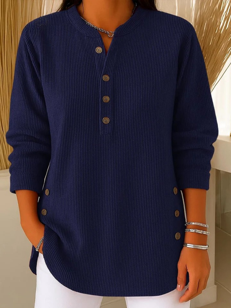 Eshani - Casual Ribbed Long Sleeve Henley Top with Button Placket