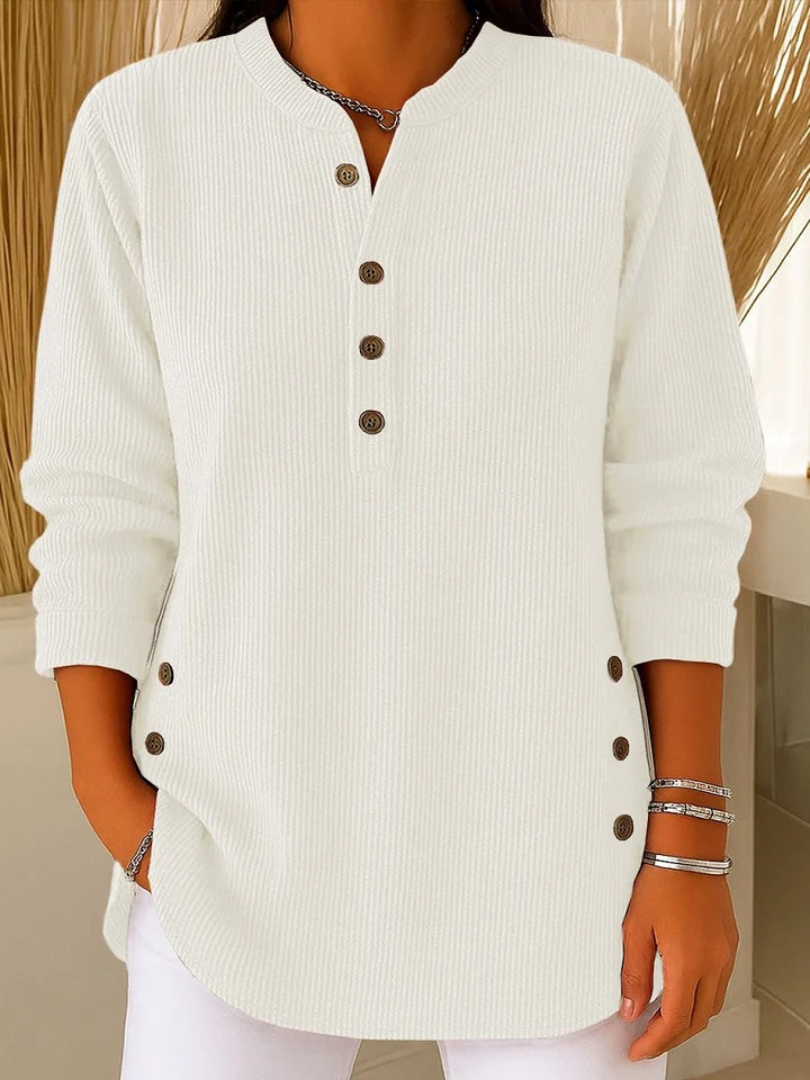 Eshani - Casual Ribbed Long Sleeve Henley Top with Button Placket