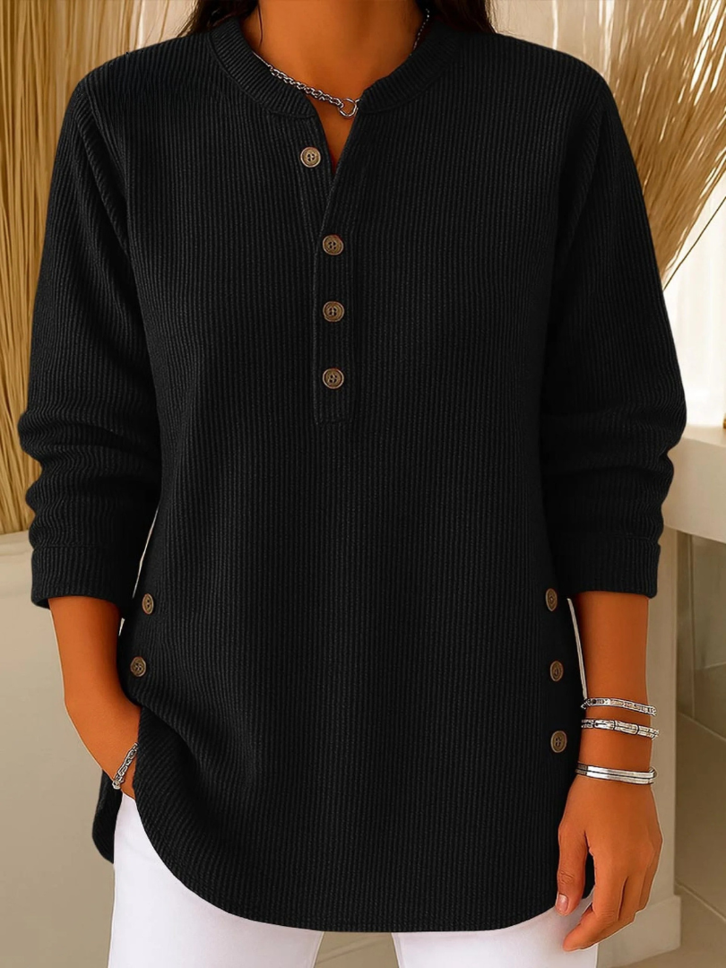 Eshani - Casual Ribbed Long Sleeve Henley Top with Button Placket