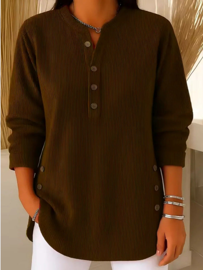 Eshani - Casual Ribbed Long Sleeve Henley Top with Button Placket