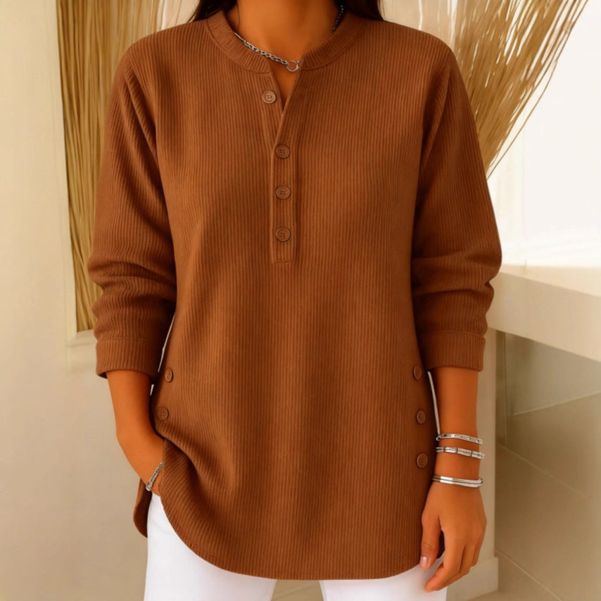 Eshani - Casual Ribbed Long Sleeve Henley Top with Button Placket