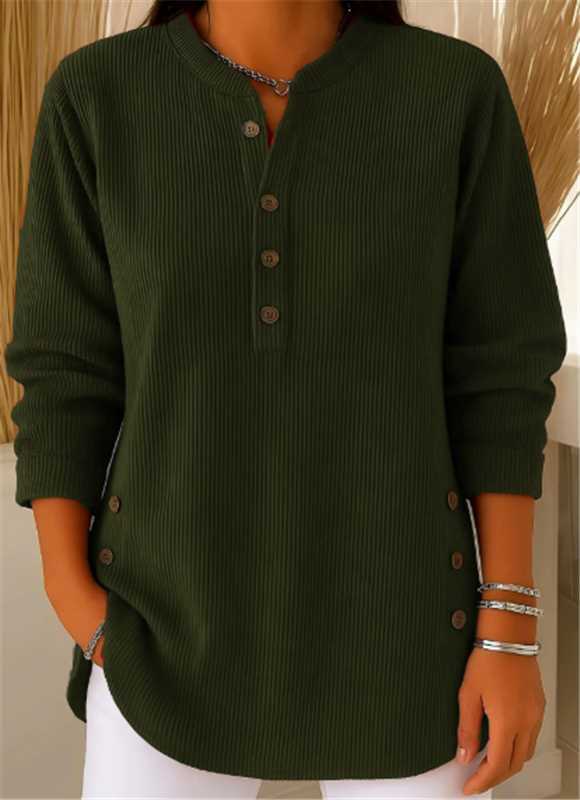 Eshani - Casual Ribbed Long Sleeve Henley Top with Button Placket