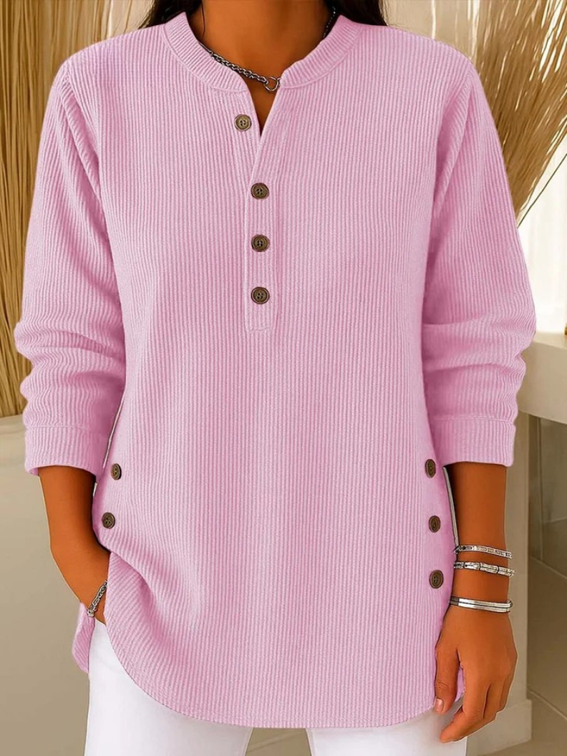 Eshani - Casual Ribbed Long Sleeve Henley Top with Button Placket