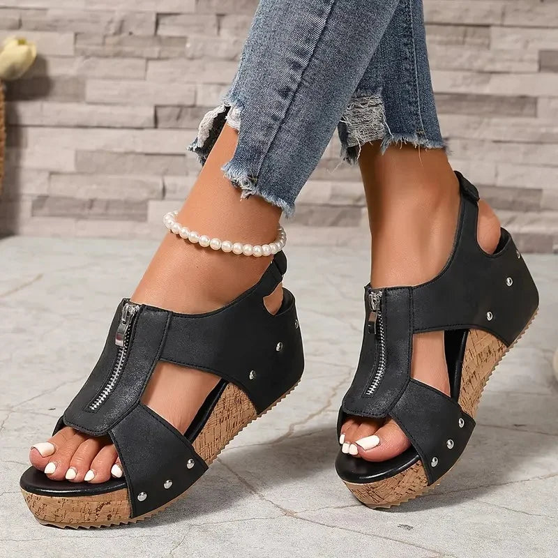 Evridiki - Stylish Wedge Sandals with Zipper