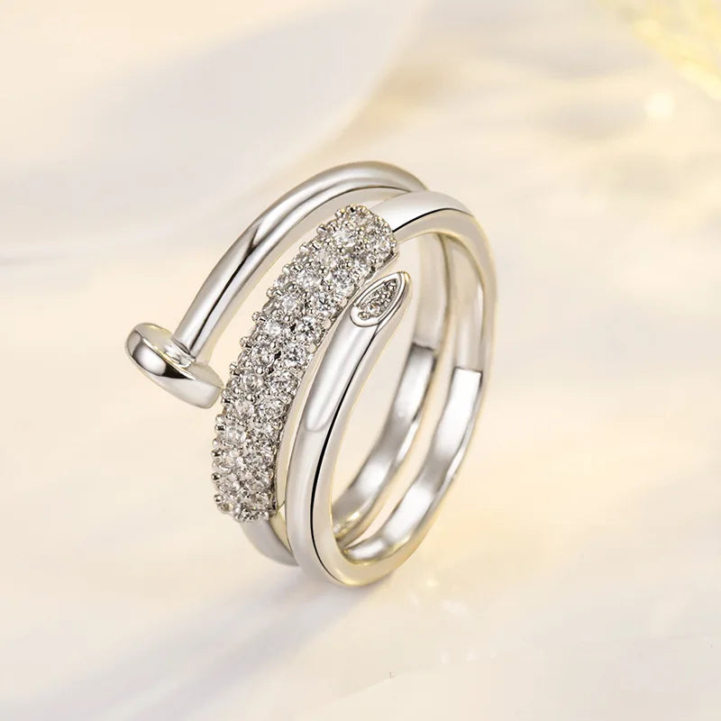 Exquisite Zircon Electroplated Multi Ring Nail Open Ring for Women Fashion Niche Light Luxury Geometric Jewelry Accessories Gift