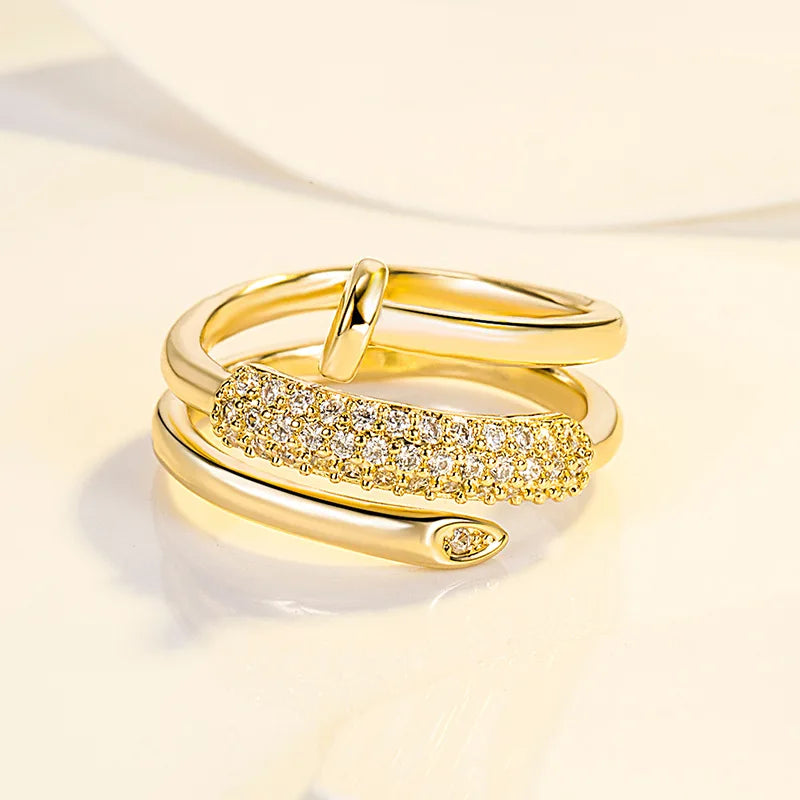 Exquisite Zircon Electroplated Multi Ring Nail Open Ring for Women Fashion Niche Light Luxury Geometric Jewelry Accessories Gift