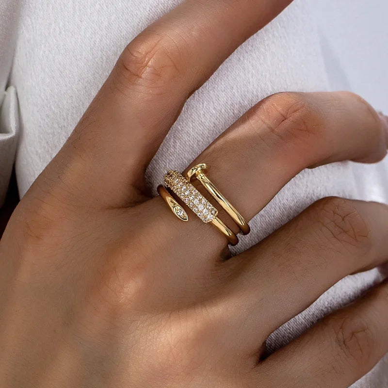 Exquisite Zircon Electroplated Multi Ring Nail Open Ring for Women Fashion Niche Light Luxury Geometric Jewelry Accessories Gift