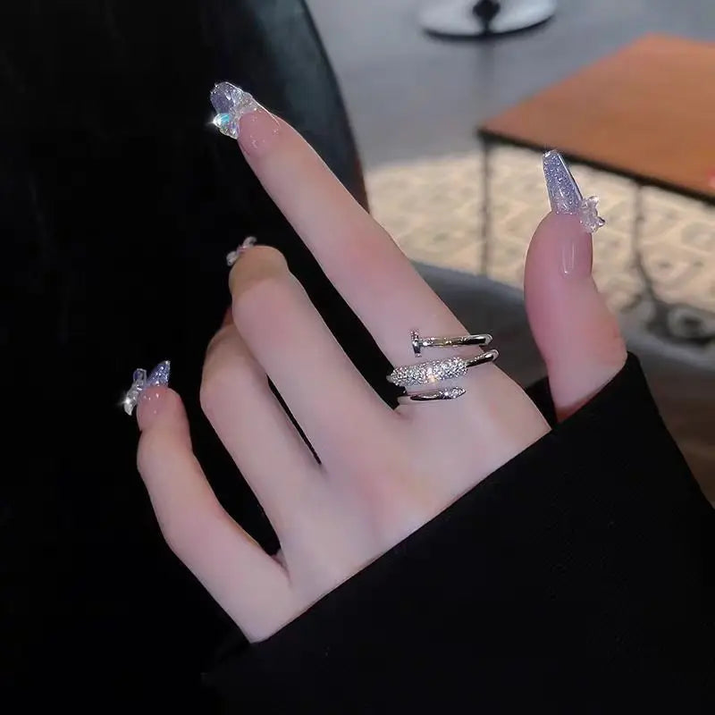 Exquisite Zircon Electroplated Multi Ring Nail Open Ring for Women Fashion Niche Light Luxury Geometric Jewelry Accessories Gift