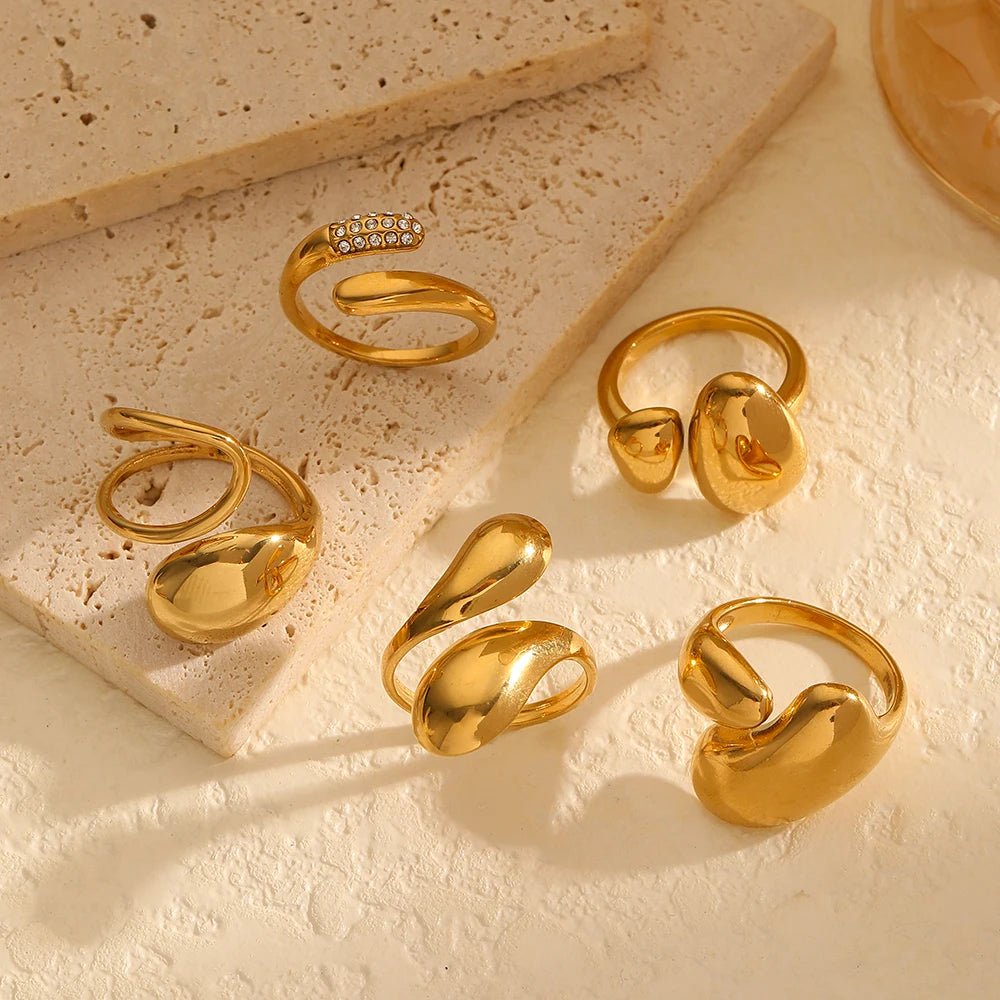Fashion 18K Gold Color Glossy Geometric Opening Rings Irregular Stainless Steel waterproof Rings