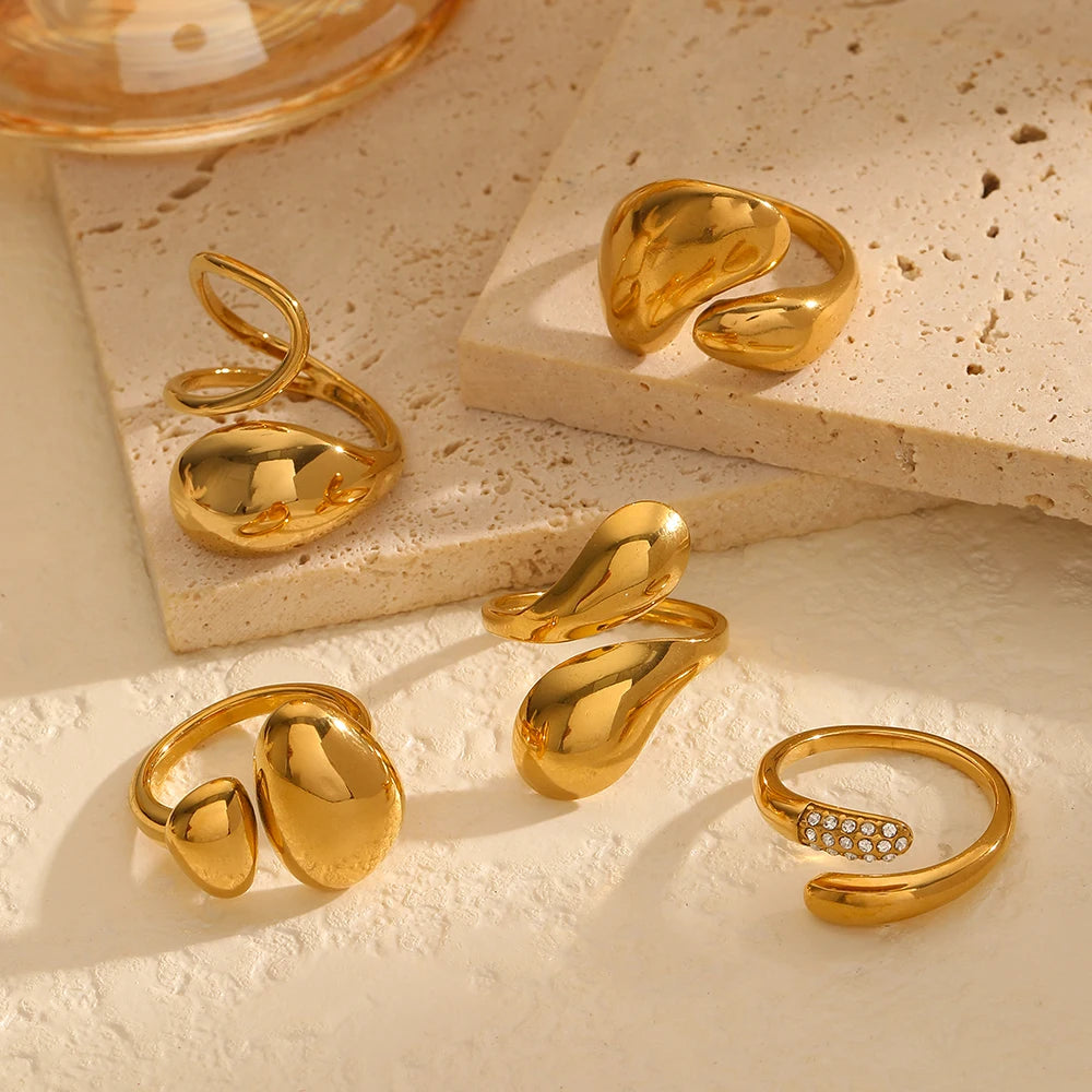 Fashion 18K Gold Color Glossy Geometric Opening Rings Irregular Stainless Steel waterproof Rings