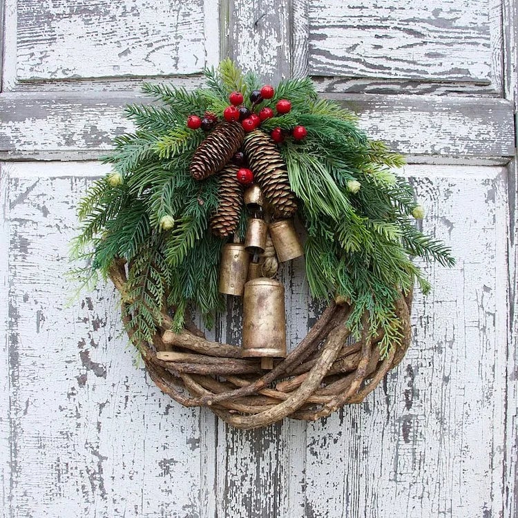 FestiveNest – Christmas Pine Cone Bell Rattan Wreath