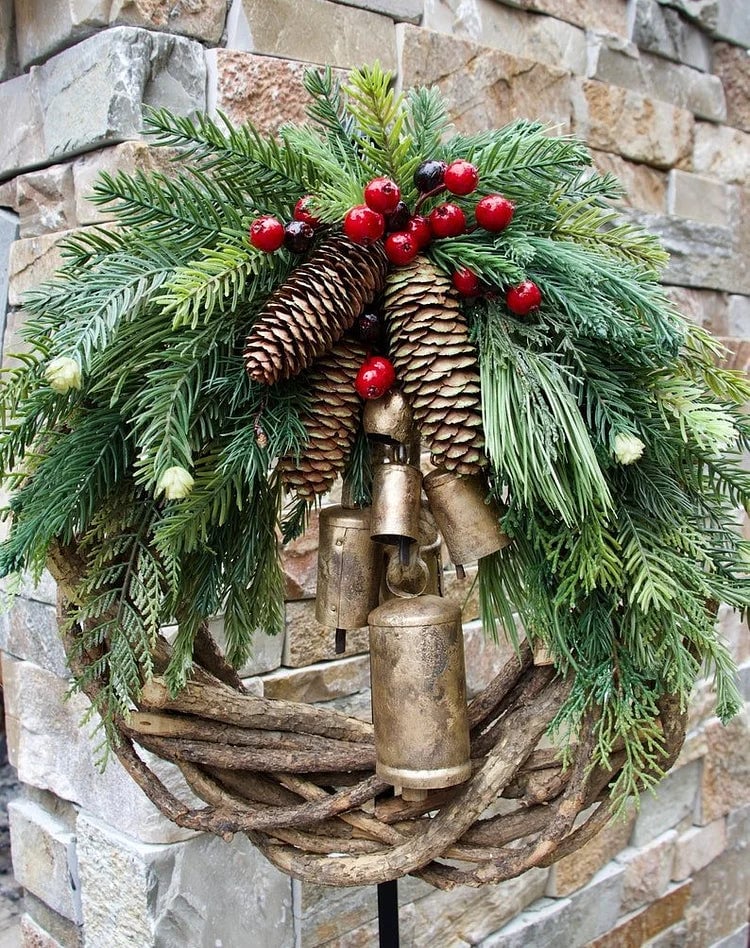 FestiveNest – Christmas Pine Cone Bell Rattan Wreath