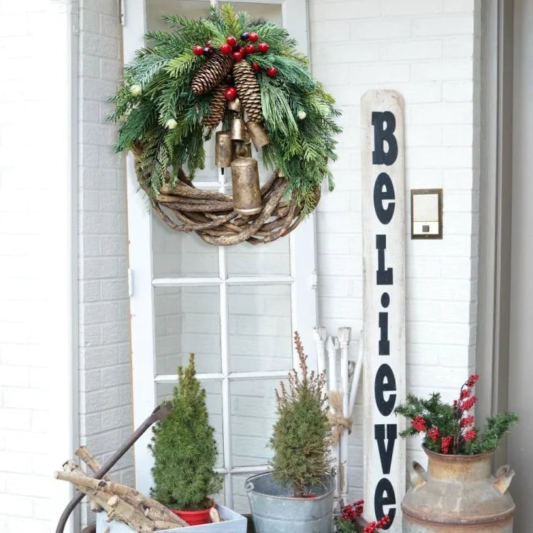 FestiveNest – Christmas Pine Cone Bell Rattan Wreath